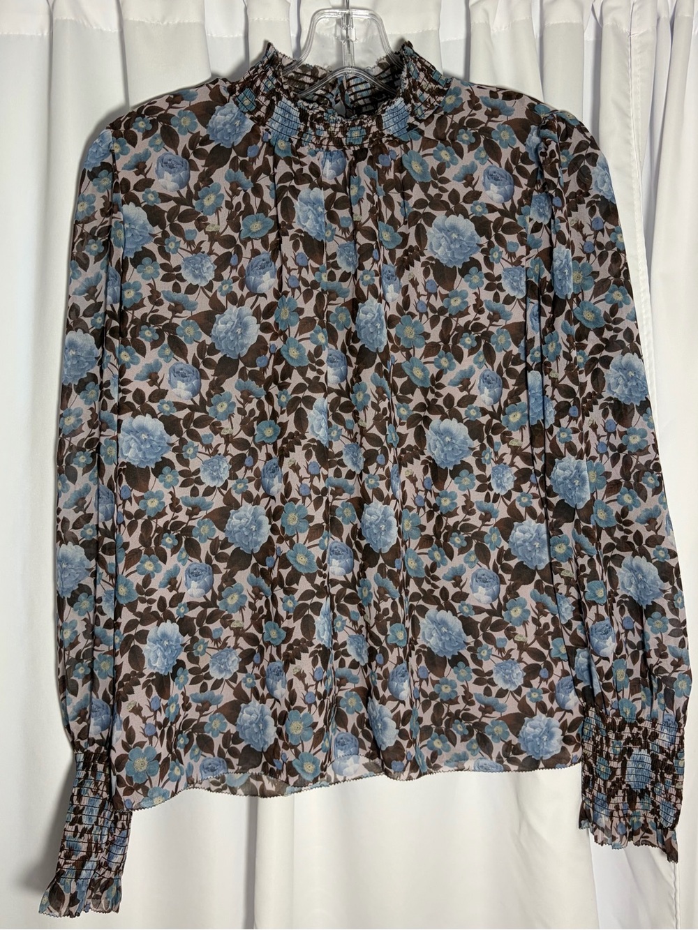 ARITZIA WILFRED Blue & Brown Floral Mock Neck Long Sleeve Blouse size S